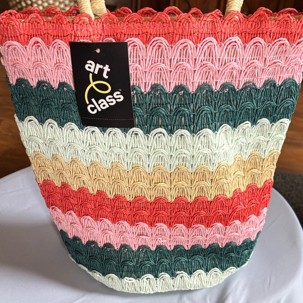 art class Multicolor Crochet Stripe Tote - Coral, Pink, Green & Cream